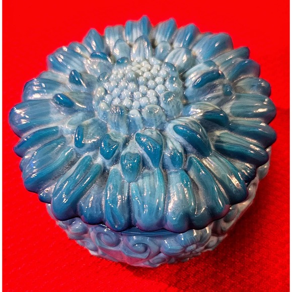 Reidel Bohemian Czech Blue Malachite Glass Powder Box SunFlower Design - Picture 3 of 8